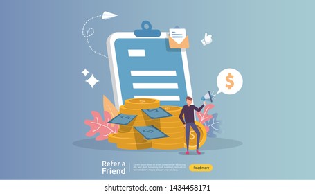 affiliate marketing concept. refer a friend strategy. people character shout megaphone sharing referral business partnership and earn money. template for web landing page, banner, poster, print media