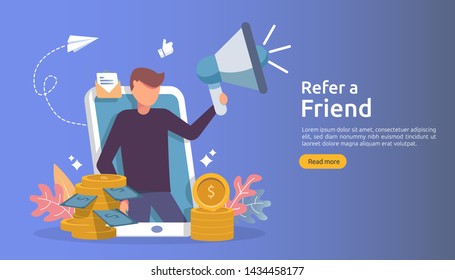 affiliate marketing concept. refer a friend strategy. people character shout megaphone sharing referral business partnership and earn money. template for web landing page, banner, poster, print media