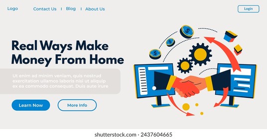 Affiliate marketing, freelancing and selling products or services online over cyberspace. Real ways make money from home, networking. Website landing page, internet site. Vector in flat style