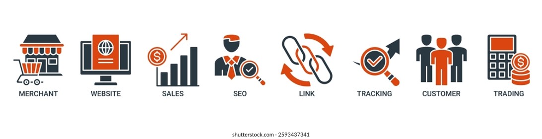 Affiliate marketing icon set vector illustration concept with icon of merchant, website, sales, seo, link, tracking, customer and trading icons. Solid color vector symbol background.
