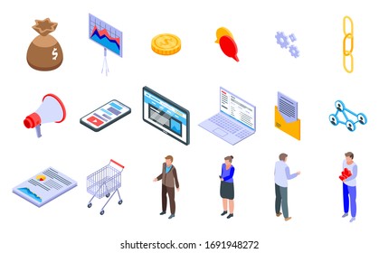 Affiliate marketing icons set. Isometric set of affiliate marketing vector icons for web design isolated on white background
