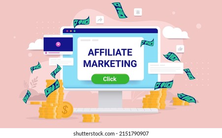 Affiliate marketing income - Desktop computer with money and web elements. Earn money online concept. Vector illustration