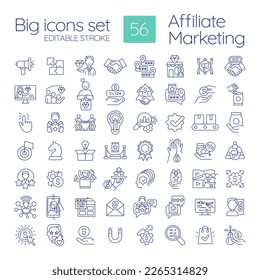 Affiliate marketing linear icons set. Business online. Products performance network. Commercial cooperation. Customizable thin line symbols. Isolated vector outline illustrations. Editable stroke