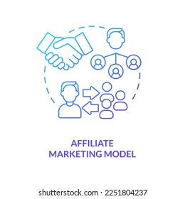 Affiliate marketing model blue gradient concept icon. Paying commission. Creator business model abstract idea thin line illustration. Isolated outline drawing. Myriad Pro-Bold font used
