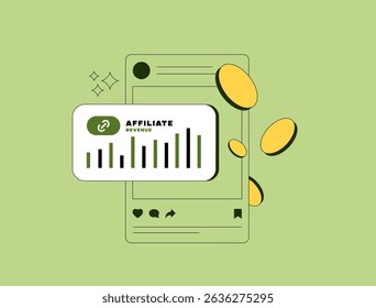 Affiliate marketing on social media, combining influencer collaboration and content tactics for enhanced digital reach. Social media marketing, affiliate advertising approach. Vector illustration