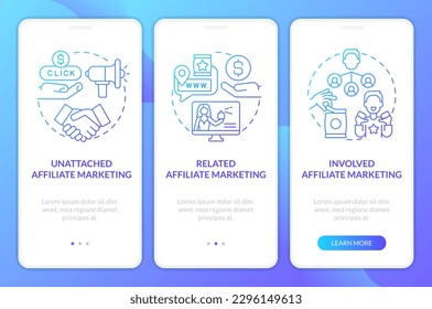 Affiliate marketing programs blue gradient onboarding mobile app screen. Walkthrough 3 steps graphic instructions with linear concepts. UI, UX, GUI template. Myriad Pro-Bold, Regular fonts used