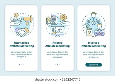 Affiliate marketing programs onboarding mobile app screen. Commerce walkthrough 3 steps editable graphic instructions with linear concepts. UI, UX, GUI template. Myriad Pro-Bold, Regular fonts used