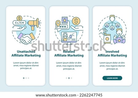 Affiliate marketing programs onboarding mobile app screen. Commerce walkthrough 3 steps editable graphic instructions with linear concepts. UI, UX, GUI template. Myriad Pro-Bold, Regular fonts used