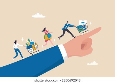 Affiliate marketing, promotion or customer invitation to buy product, loyalty reward program, advertising or marketing communication strategy, pointing hand with customer buy products shopping cart.