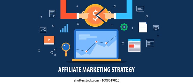 Affiliate marketing Strategy, Business affiliate marketing, Online Affiliate flat vector illustration with icons - Powered by Shutterstock - Get 15% off with code: PIKWIZARD15