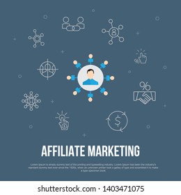 affiliate marketing trendy UI flat concept with simple line icons. Contains such elements as Affiliate Link, Commission, Conversion, Cost per Click and more