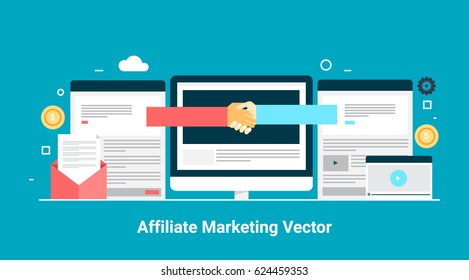 Affiliate-Marketing-Vektorgrafik, Geschäftspartnerschaft, Referenzprogramm mit flachem Vektorbanner