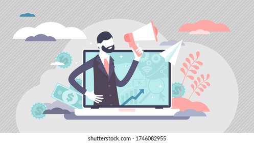 Affiliate marketing vector illustration. Company online e-store campaign flat tiny persons concept. Performance based business type with ads, seo, ppc and social media methods to attract customers.