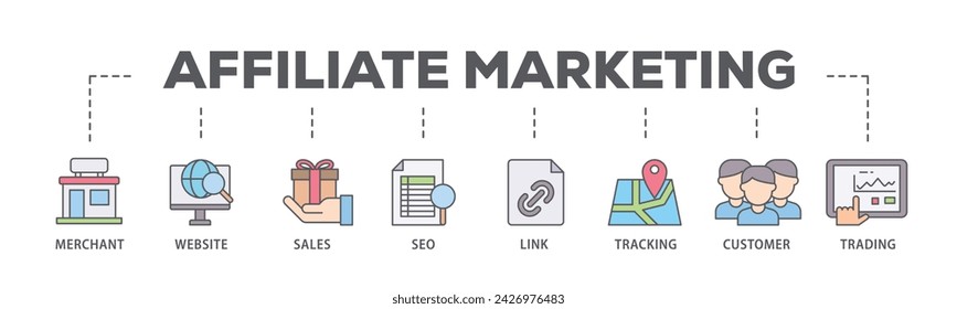 Affiliate marketing web banner icon vector illustration concept consists of trading, seo, tracking, customer, link, sales, website, merchant icon live stroke and easy to edit