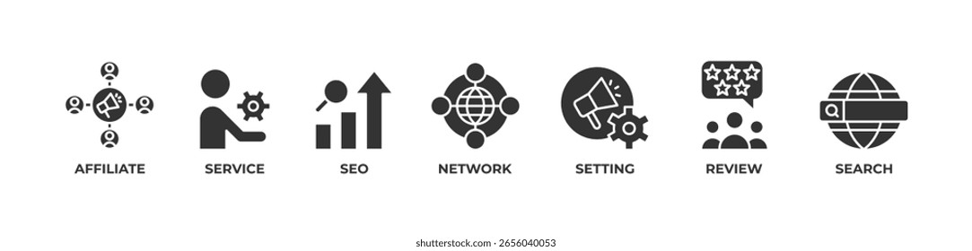 Affiliate Network Solutions Icons set vector illustration glyph with Affiliate, Service,  Seo, Network, Setting, Review, Search