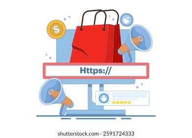 Affiliate program concept. Affiliate marketing. Promote and share affiliate links to earn commission. Earn commission for every product purchased through affiliate links. Flat design illustration.