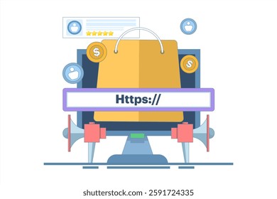 Affiliate program concept. Affiliate marketing. Promote and share affiliate links to earn commission. Earn commission for every product purchased through affiliate links. Flat design illustration.