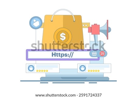 Affiliate program concept. Affiliate marketing. Promote and share affiliate links to earn commission. Earn commission for every product purchased through affiliate links. Flat design illustration.