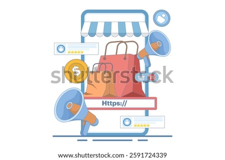 Affiliate program concept. Affiliate marketing. Promote and share affiliate links to earn commission. Earn commission for every product purchased through affiliate links. Flat design illustration.