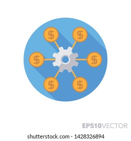 Affiliate program flat design round icon. Color symbol of online earnings and financial participation. Long shadow vector illustration in a circle isolated on white background.