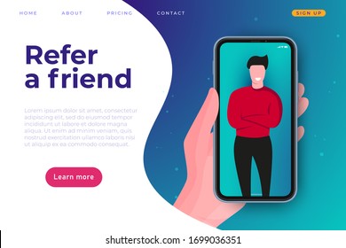 Affiliate program illustration concept. Refer a friend web stite page header template. Man at smartphone screen.