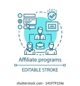 Affiliate programs blue concept icon. Affiliate marketing idea thin line illustration. Partner program and referrals. Product promotion. Word of mouth. Vector isolated outline drawing. Editable stroke