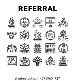 programa de referência de afiliado ícones definir vetor. comissão, rede de parceiros, marketing, ganhos, conversão de receita, tráfego, vendas afiliado programa de referência ilustrações contorno preto