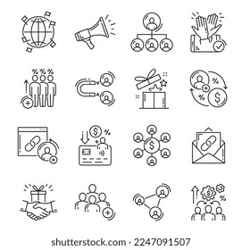 Affiliate and referral program outline icons. Affiliate marketing strategy, customers network and sales management, referral bonus line icons, loudspeaker, people, gift box and money pictograms