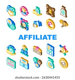 affiliate referral program sales icons set vector. commission partner, network, marketing, earnings, revenue, conversion, traffic affiliate referral program sales isometric sign illustrations