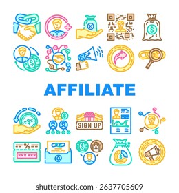 affiliate referral program sales icons set vector. commission partner, network, marketing, earnings, revenue, conversion, traffic affiliate referral program sales color line illustrations