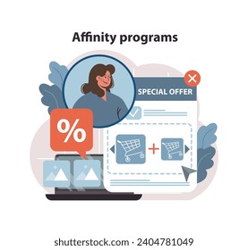 Affinity programs concept. Woman explores special online offers on laptop, signifying exclusive discounts and added shopping carts. E-commerce promotions and customer loyalty. Flat vector illustration