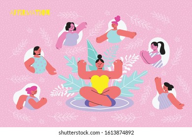 Affirmation auto suggestion flat composition with text and human characters of women relaxing having good time vector illustration