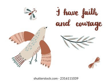 Affirmation card. Hand-drawn imperfect bird, butterflies, and hand-written affirmation. Vector illustration.