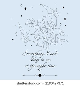 Affirmation Card With A Line Drawing Of Flowers And The Moon. No Color, Only Outline.