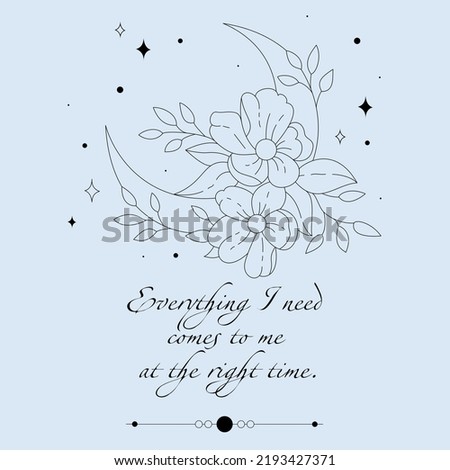 Affirmation card with a line drawing of flowers and the moon. No color, only outline.