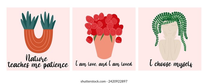 Affirmation cards set. Positive quotes and phrases vector flat style set