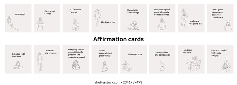 Affirmation cards with young girls. Positive quotes, phrases, sayings.  Self-care positive and motivational cards for mental health. Emotional well-being. Hand-drawn line art vector illustration.