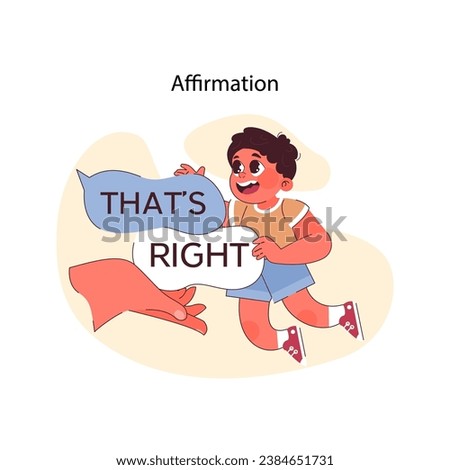 Affirmation concept. Delighted boy holding supportive speech bubble, given by hand of grownup. Positive reinforcement, joyful agreement. Feeling validated and understood. Flat vector illustration.