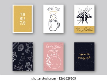 Affirmation greeting card design set with hand-drawn magical design. Vector illustration.