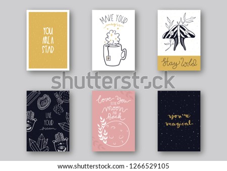 Affirmation greeting card design set with hand-drawn magical design. Vector illustration.