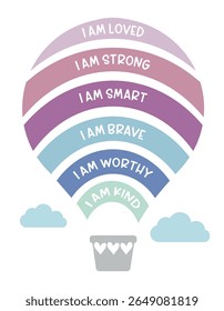 I Am Afirmation Hot Air Balloon - Arte de parede inspiradora para crianças em cores suaves