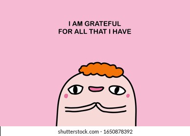 Affirmation illustration i am grateful in cartoon comic style man happy smiling print poster card