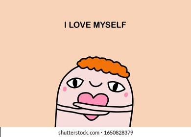 Affirmation illustration i love myself hand drawn vector in cartoon comic style man holding heart cute doodle print poster card