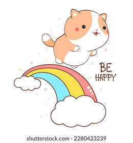 Affirmation for kids playroom, nursery. Sticker with inspirational positive quote Be happy. Cute little cat walks on the rainbow. Can be used for card, poster, t-shirt. Vector EPS8