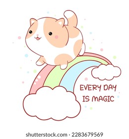 Affirmation for kids playroom, nursery. Sticker with inspirational positive quote Every day is magic. Cute little cat walks on the rainbow. Can be used for card, poster, t-shirt. Vector EPS8