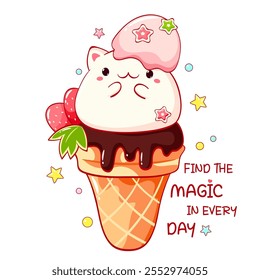 Affirmation for kids playroom, nursery. Sticker with inspirational positive quote Find the magic in every day. Cute cat and strawberry ice cream. Can be used for card, poster, t-shirt. Vector EPS8