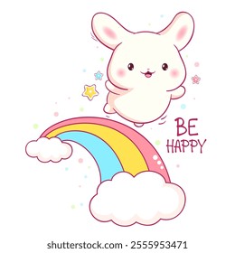 Affirmation for kids playroom, nursery. Sticker with inspirational positive quote Be happy. Cute little bunny walks on the rainbow. Can be used for card, poster, t-shirt print. Vector EPS8