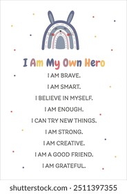 Affirmations for kids. Classroom poster, homeschool decor. I am affirmations. Self-love poster, positive beliefs for inner strength. Wall art affirmations poster with rainbows for playroom, nursery.