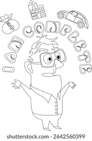 I AM Affirmations for Success and Prosperity, Black and white line art illustration of a cheerful cartoon man surrounded by symbols of wealth, property, and transportation, representing success and