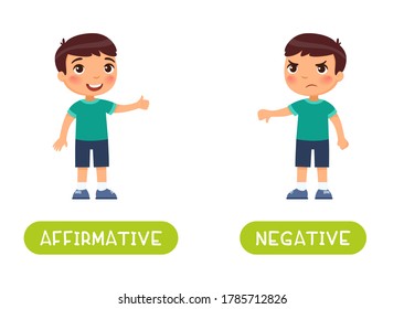 Affirmative and negative antonyms word card vector template. Flashcard for english language learning. Opposites concept. Little joyful boy shows thumbs up, displeased boy shows thumbs down gesture.